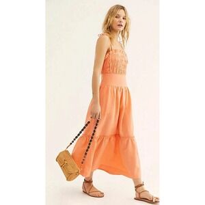 Free People Late Checkout Maxi Dress Apricot Orange Linen Blend Smocked XS